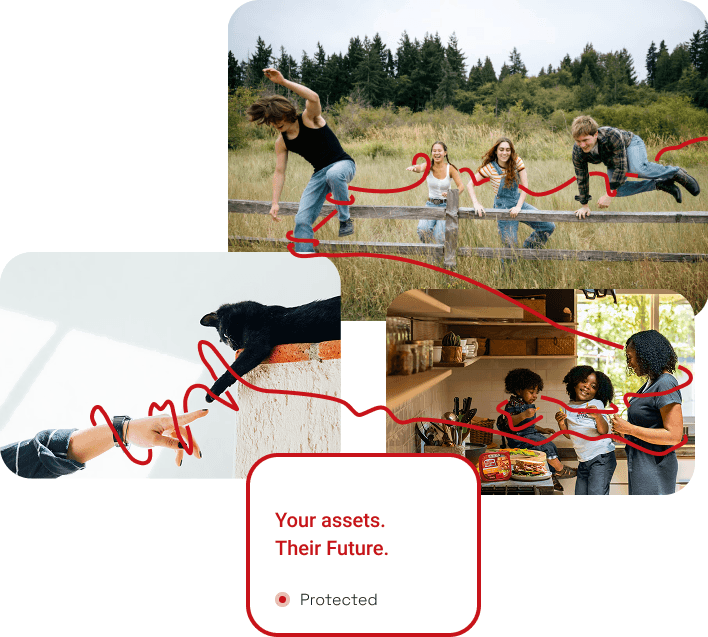 Friends leaping pasture fence, hand reaching to cat, and family preparing food with interwoven continuous red ribbon and protected badge